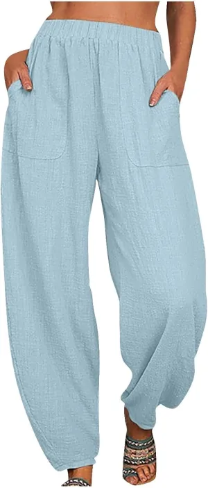 Flowy Pants for Women Straight Leg Cotton Linen Palazzo Trousers Elastic High Waisted Summer Casual Beach Outfit