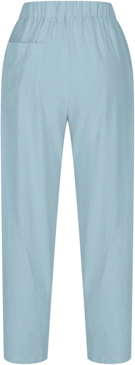 Flowy Pants for Women Straight Leg Cotton Linen Palazzo Trousers Elastic High Waisted Summer Casual Beach Outfit