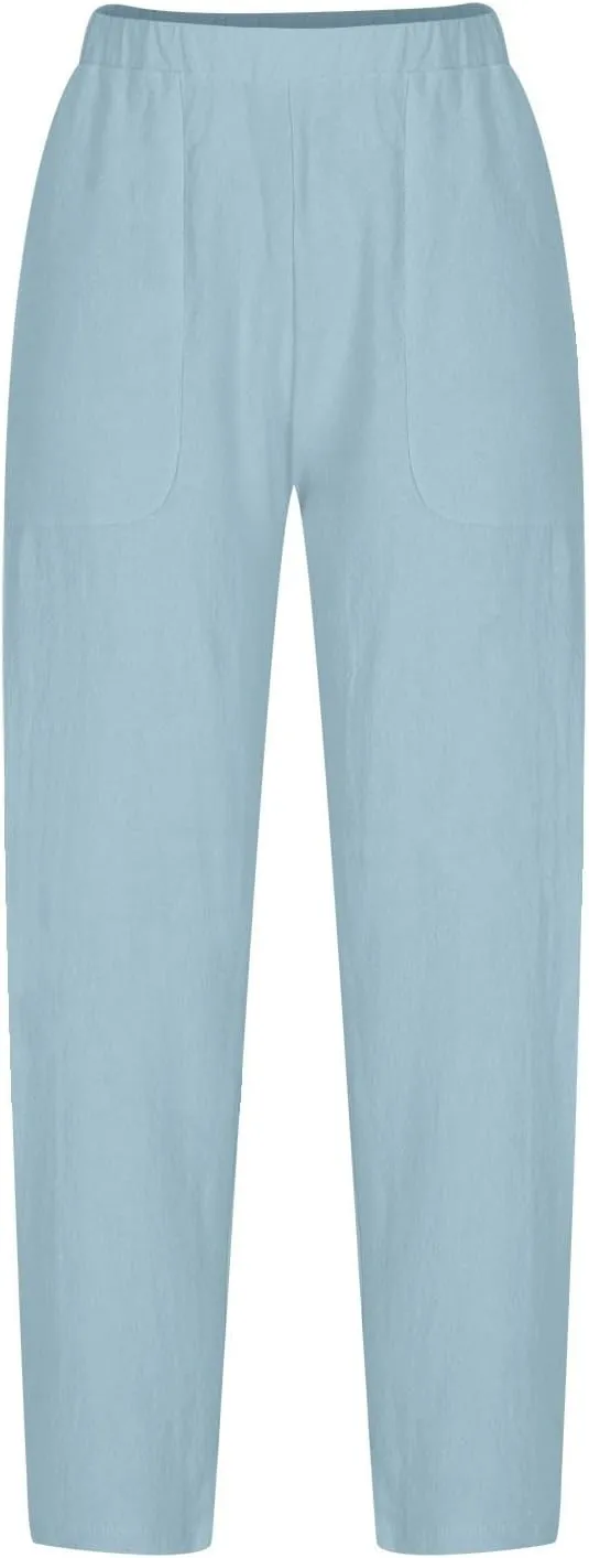 Flowy Pants for Women Straight Leg Cotton Linen Palazzo Trousers Elastic High Waisted Summer Casual Beach Outfit