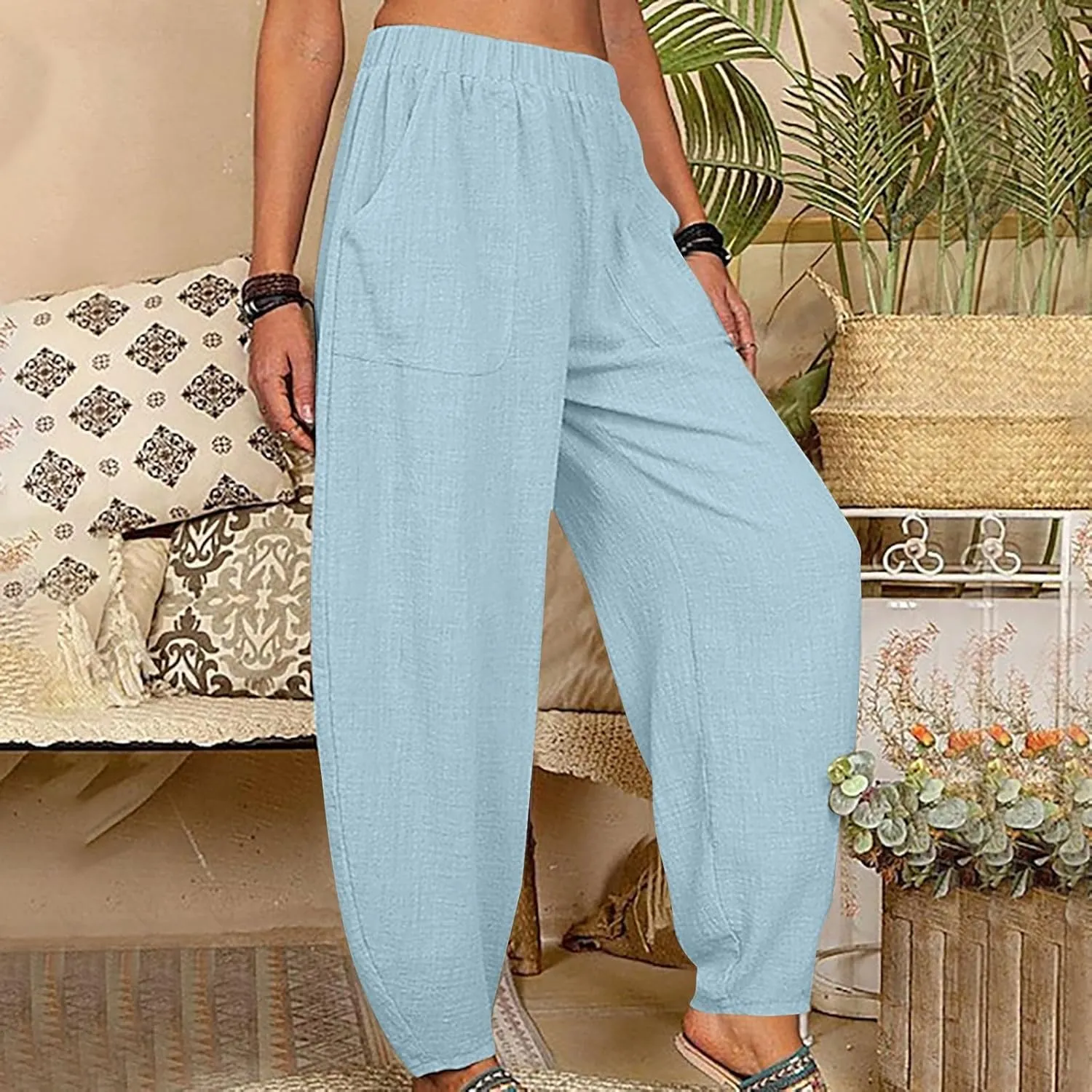 Flowy Pants for Women Straight Leg Cotton Linen Palazzo Trousers Elastic High Waisted Summer Casual Beach Outfit