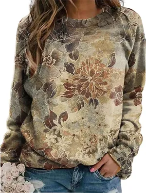 Fronage Women's Floral Printed Sweatshirt Long Sleeve Crewneck Casual Loose Vintage FLower Graphic Pullover Tops