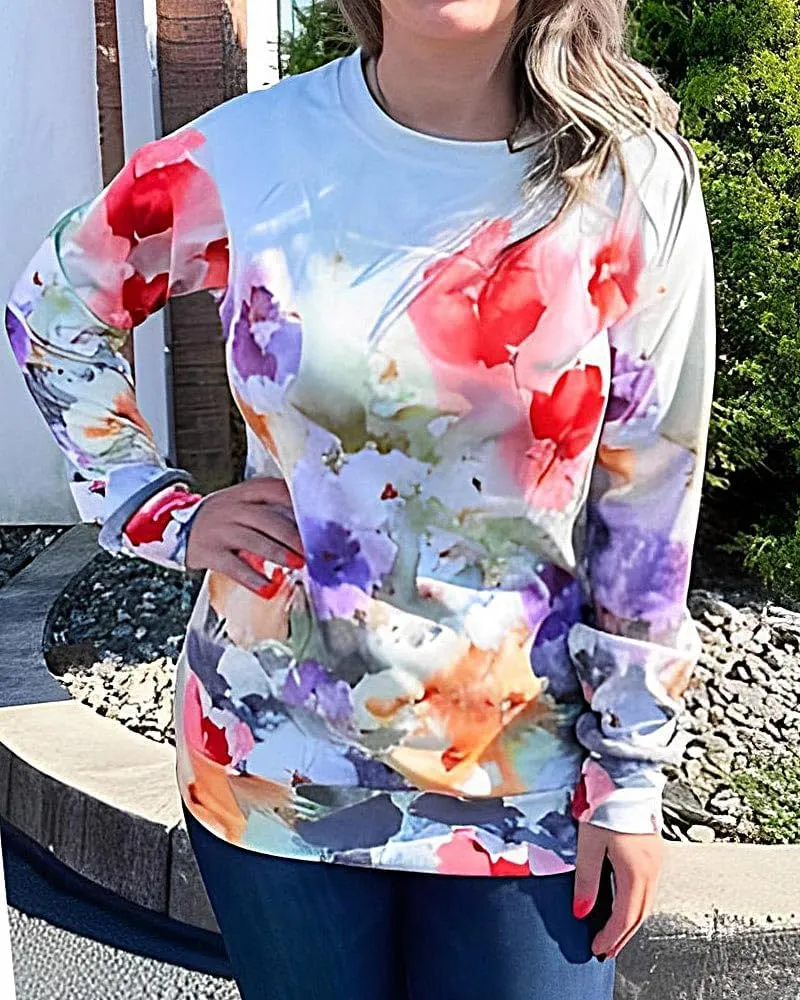 Fronage Women's Floral Printed Sweatshirt Long Sleeve Crewneck Casual Loose Vintage FLower Graphic Pullover Tops