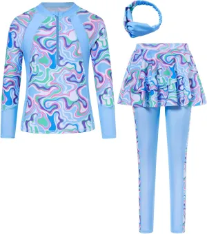 Girls Long Sleeve Rashguard Half Zip Swimsuits UPF 50  Two Piece Swim Sets with Hairband 5-12Y