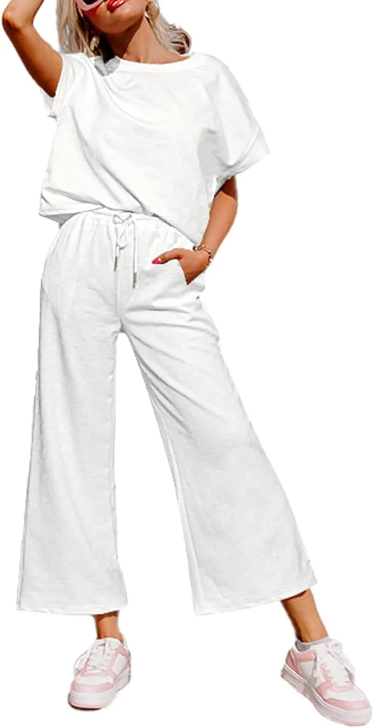 Glamaker Womens 2 Piece Outfits Lounge Sets Short Sleeve Loose Fit Top and Wide Leg Pants Set Sweatsuits Tracksuit