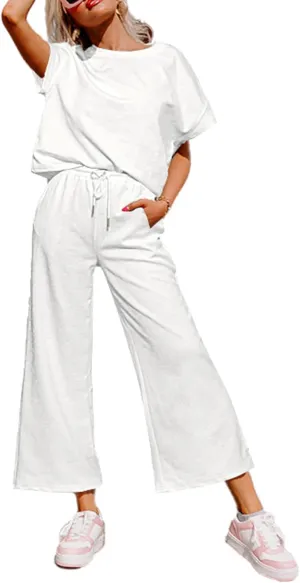 Glamaker Womens 2 Piece Outfits Lounge Sets Short Sleeve Loose Fit Top and Wide Leg Pants Set Sweatsuits Tracksuit