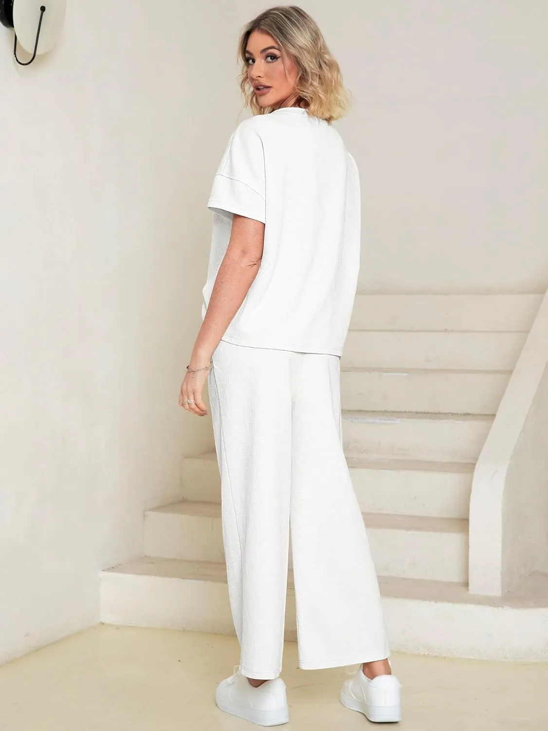Glamaker Womens 2 Piece Outfits Lounge Sets Short Sleeve Loose Fit Top and Wide Leg Pants Set Sweatsuits Tracksuit