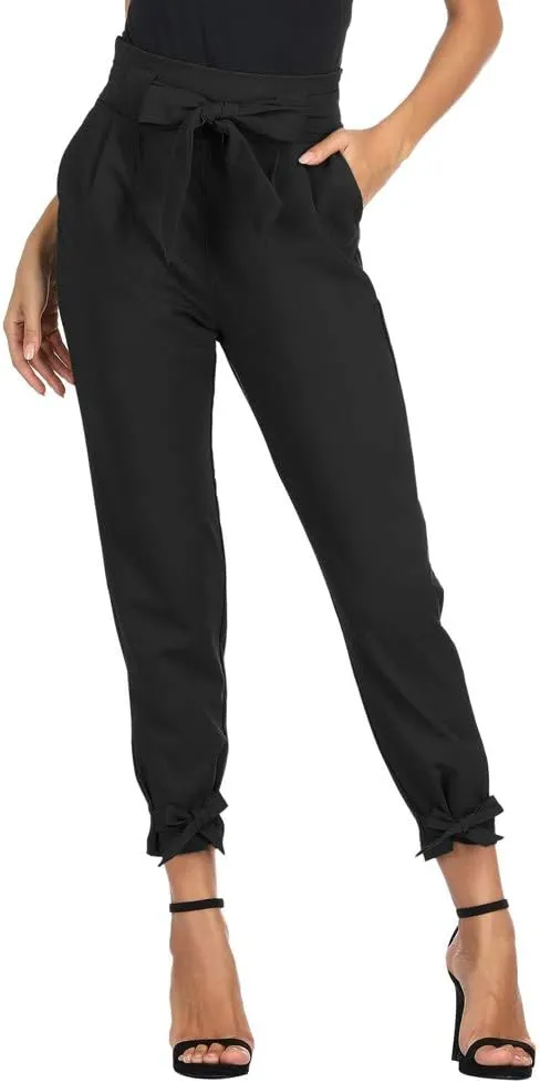 GRACE KARIN Women's Casual Pants Solid High Waist Self Tie Belted Pencil Trouser