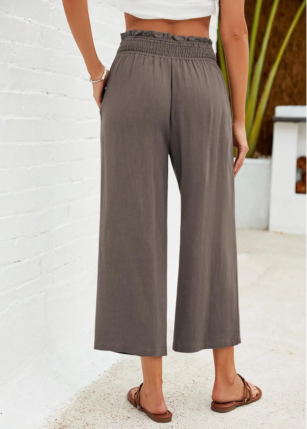 GRAPENT Capri Pants for Women High Waisted Wide Leg Linen Palazzo Trousers Pull On Elastic Smock Waist Loose Flowy Pants