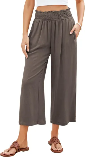 GRAPENT Capri Pants for Women High Waisted Wide Leg Linen Palazzo Trousers Pull On Elastic Smock Waist Loose Flowy Pants