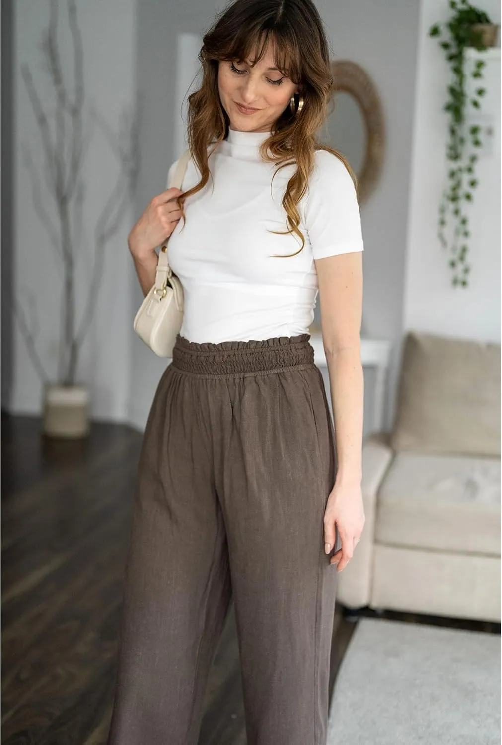 GRAPENT Capri Pants for Women High Waisted Wide Leg Linen Palazzo Trousers Pull On Elastic Smock Waist Loose Flowy Pants