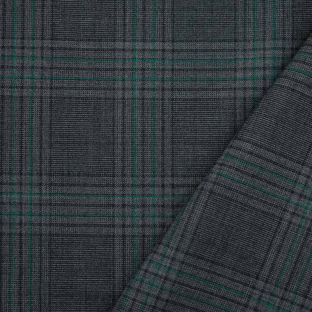 Gray-Black-Green Polyester Wool Blend Plaid Woven Shirting Fabric