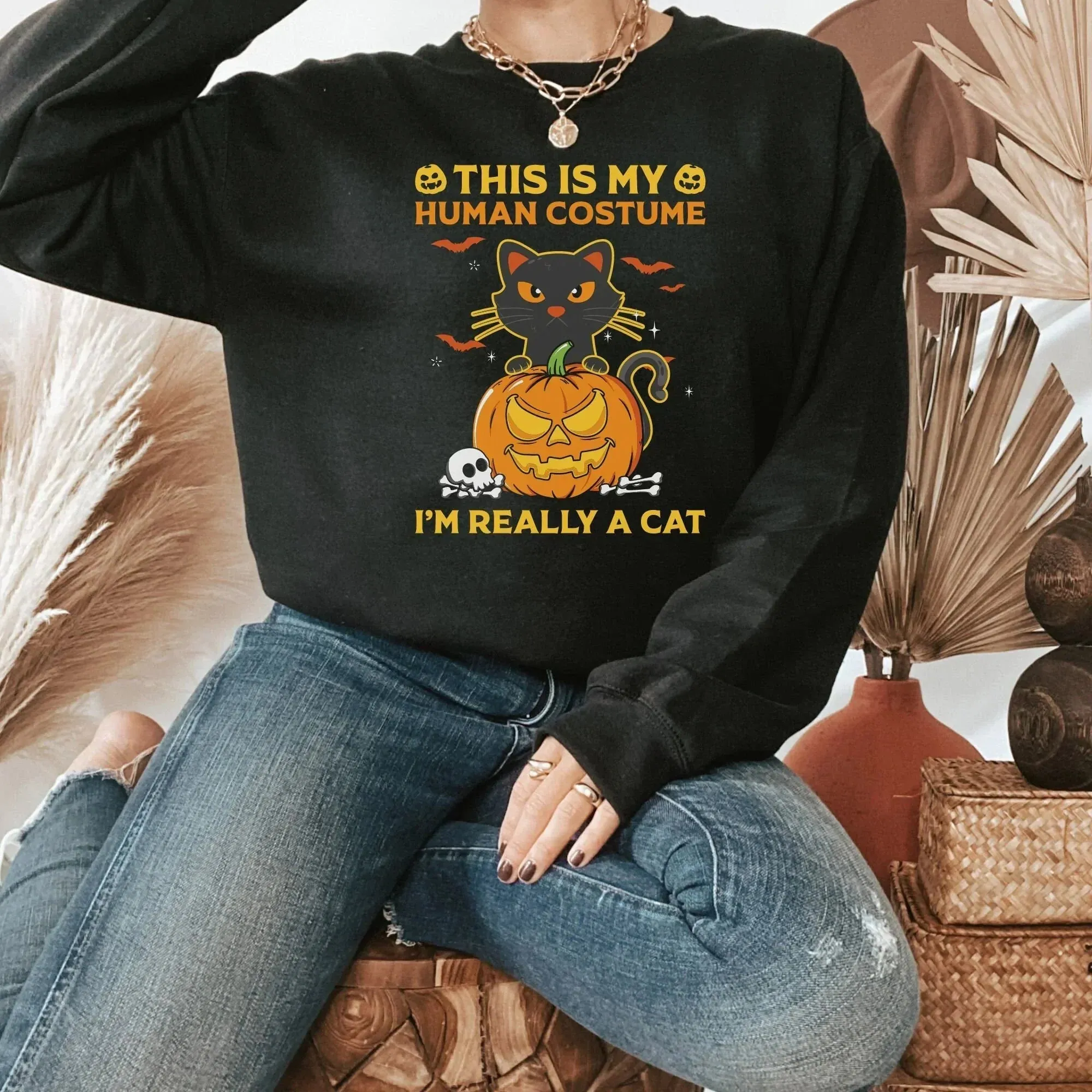 Halloween Shirt, Halloween Cat Sweater, Cat Dad Gift, Halloween Cat Tee, Cute Cat Hoodie, Black Cat themed Gifts, Spooky Cat Mom Sweatshirt