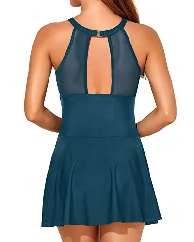 High Neck Deep Plunge V Neck A Line Swimdress For Women-Teal