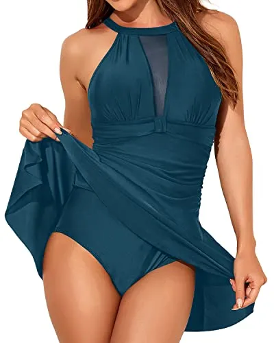 High Neck Deep Plunge V Neck A Line Swimdress For Women-Teal