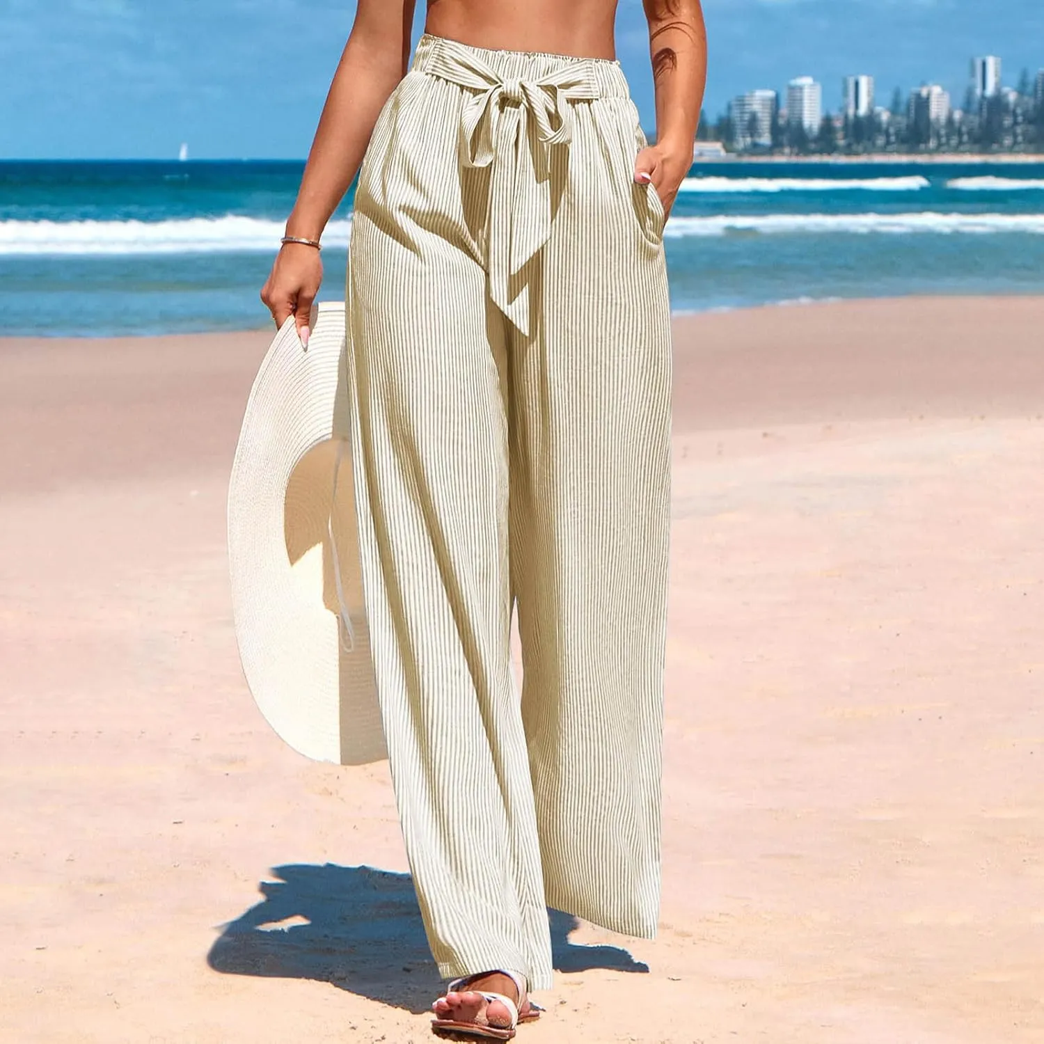 High Waisted Palazzo Pants for Women Wide Leg Paperbag Pant Casual Summer Flowy Lounge Trousers Beach Boho Outfits