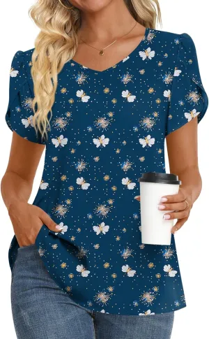 HOTGIFT Womens Tunic Tops 2025 Summer Short Sleeve V Neck Chiffon T Shirt M-3XL