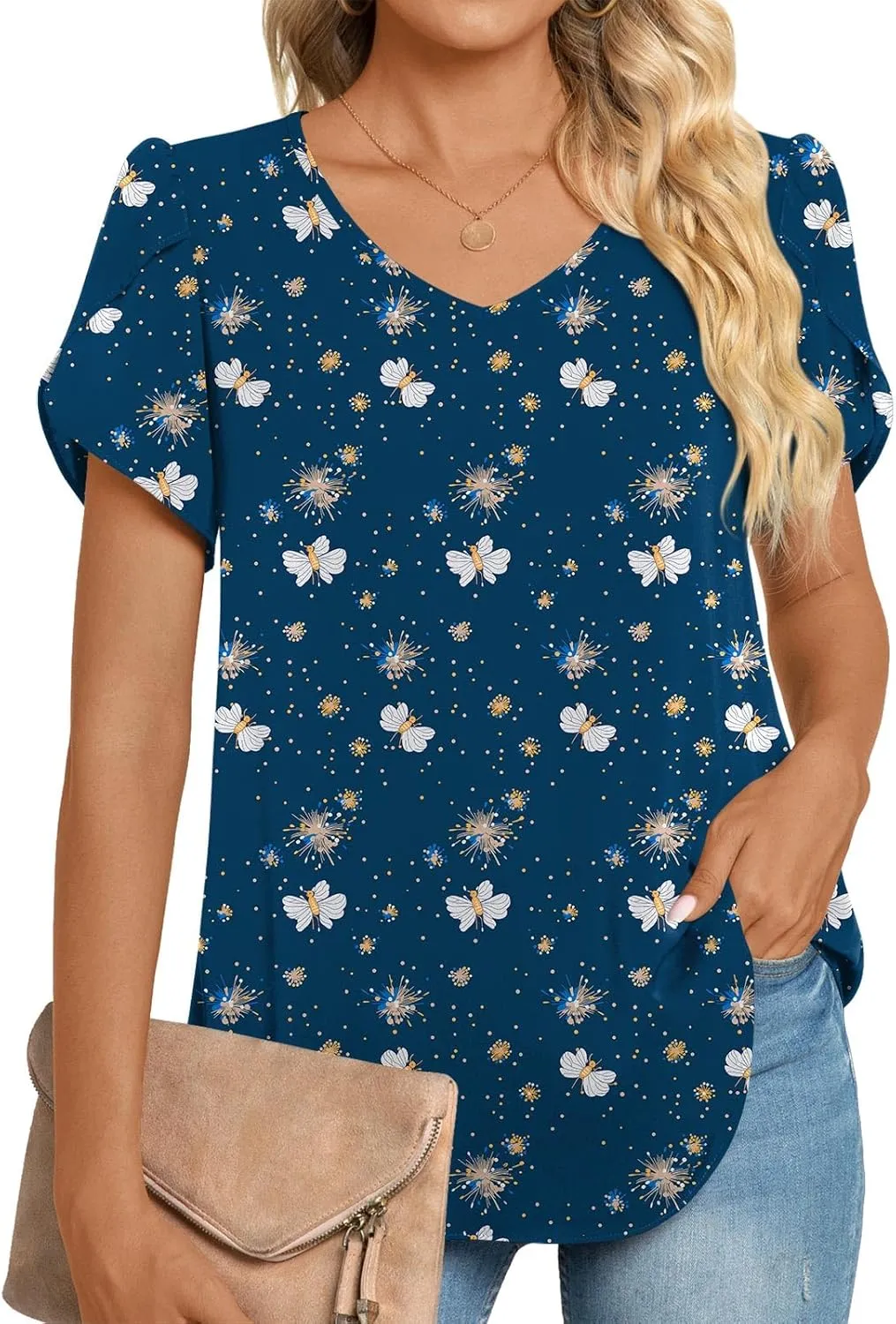 HOTGIFT Womens Tunic Tops 2025 Summer Short Sleeve V Neck Chiffon T Shirt M-3XL