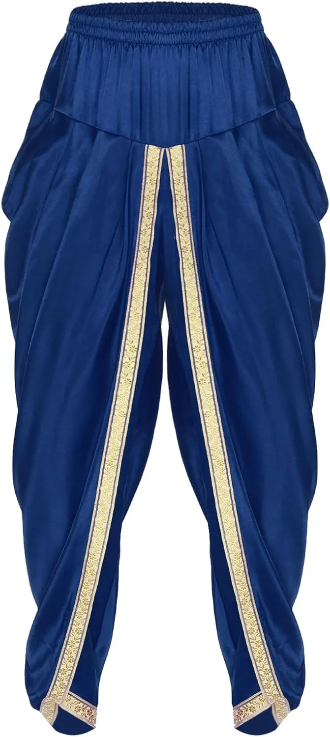 Hularka India Satin Dhoti for Men Elastic Waistband Ruffle Pants Draped Hippie Yoga Trousers Harem Baggy Pant