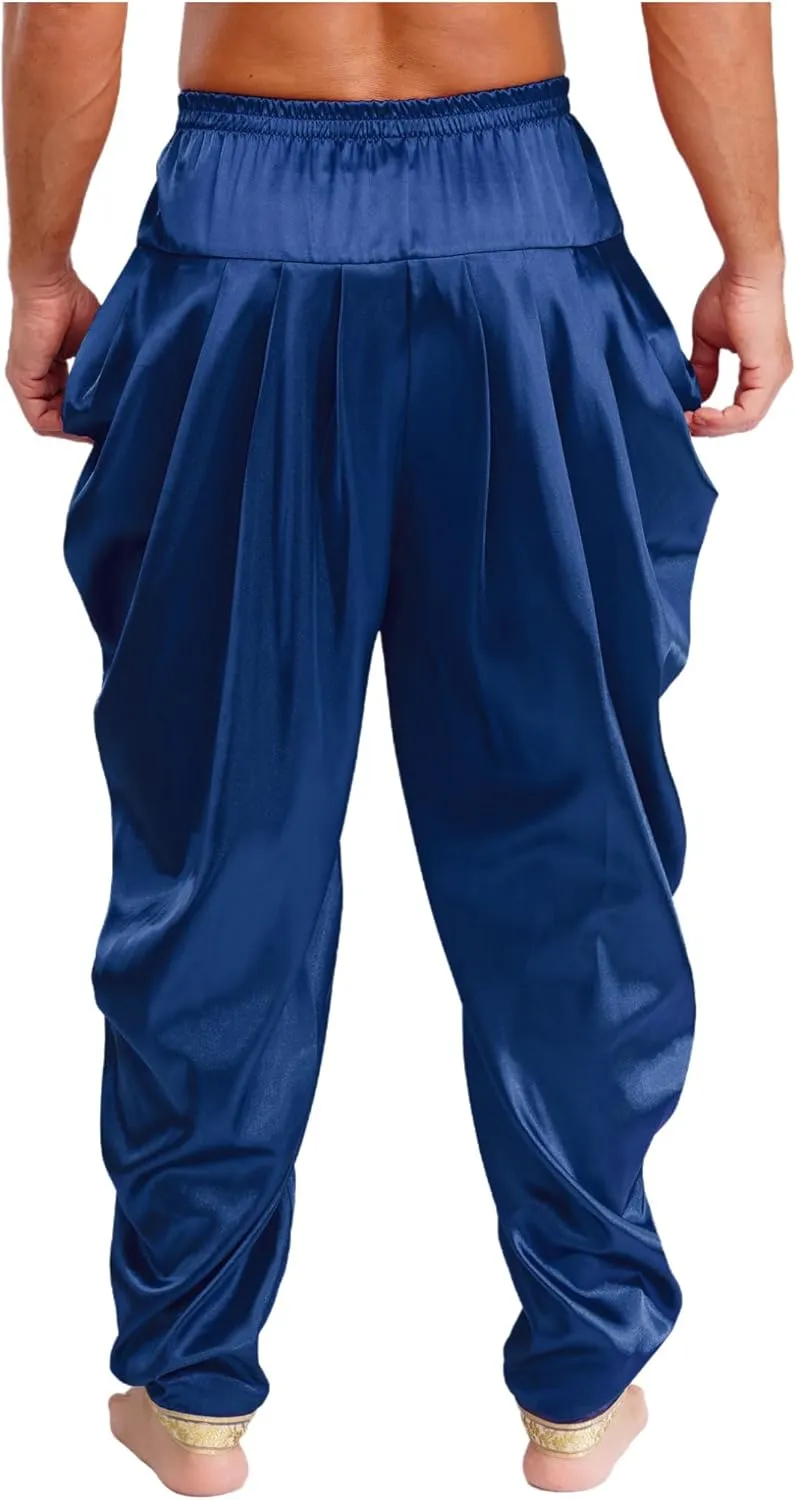 Hularka India Satin Dhoti for Men Elastic Waistband Ruffle Pants Draped Hippie Yoga Trousers Harem Baggy Pant