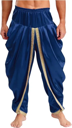 Hularka India Satin Dhoti for Men Elastic Waistband Ruffle Pants Draped Hippie Yoga Trousers Harem Baggy Pant