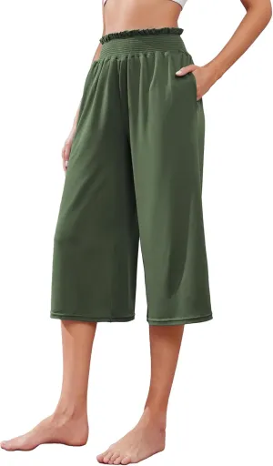 iChunhua Wide Leg Capri Yoga Pants for Women Loose Summer Ruffles High Rise Cropped Bottom with Pockets