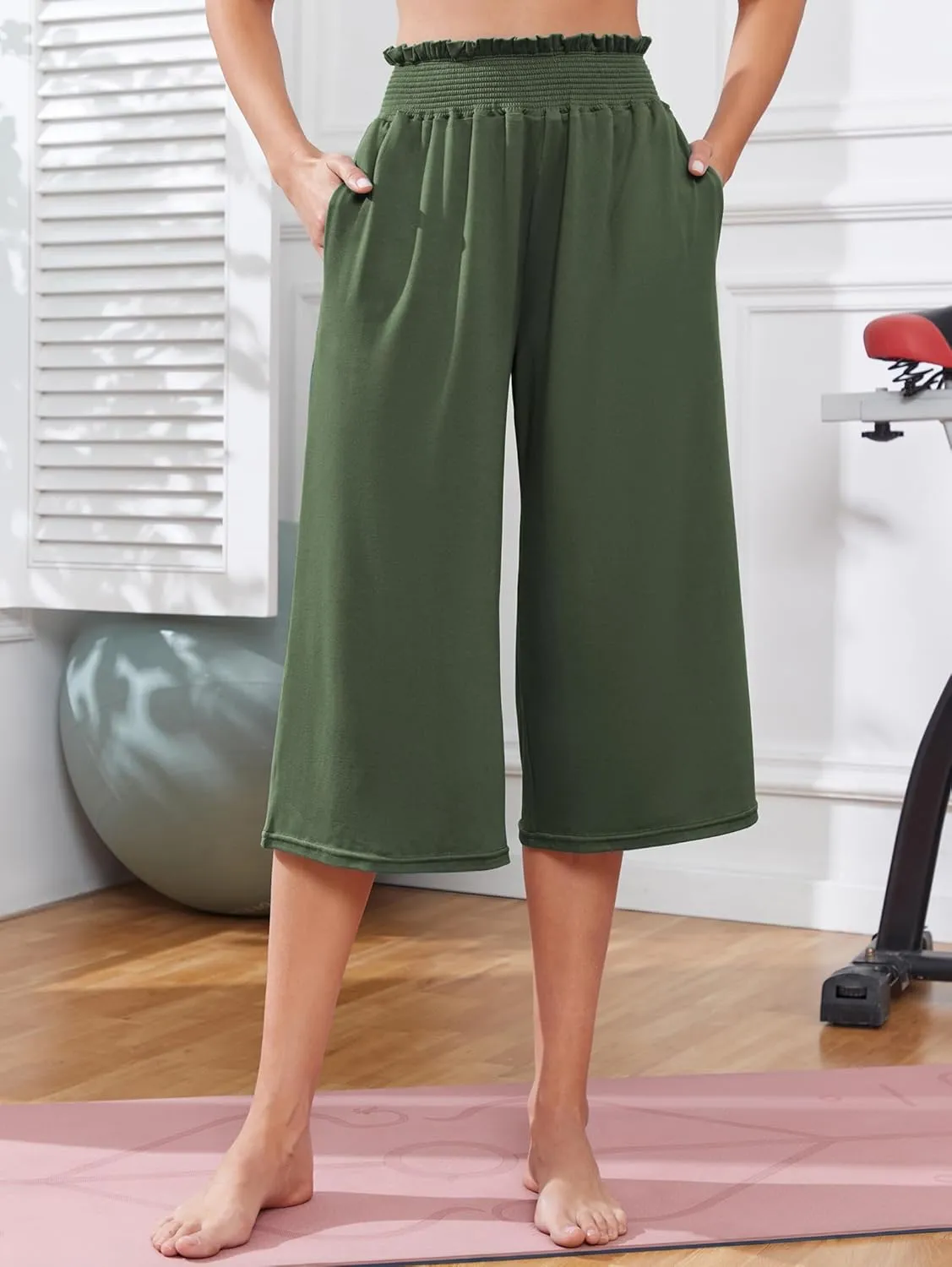 iChunhua Wide Leg Capri Yoga Pants for Women Loose Summer Ruffles High Rise Cropped Bottom with Pockets