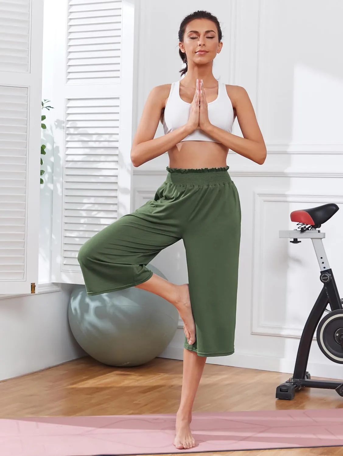 iChunhua Wide Leg Capri Yoga Pants for Women Loose Summer Ruffles High Rise Cropped Bottom with Pockets