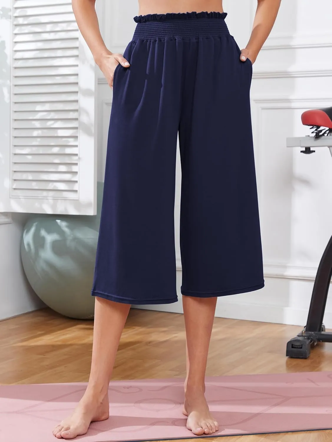 iChunhua Wide Leg Capri Yoga Pants for Women Loose Summer Ruffles High Rise Cropped Bottom with Pockets