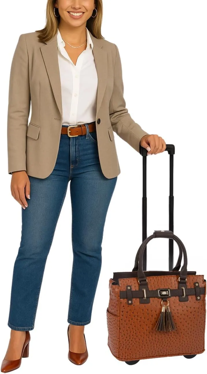 JKM & Company Rolling Laptop Bag for Women | Designer Wheeled Briefcase | Fits 13-17" Laptops | Office Travel Computer Case (Uptown Ostrich)