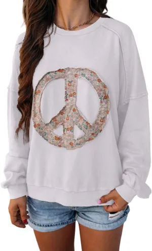 KevaMolly Womens Long Sleeve Tops Floral Peace Symbol Drop Shoulder Sweatshirt Crewneck Casual Pullover Top