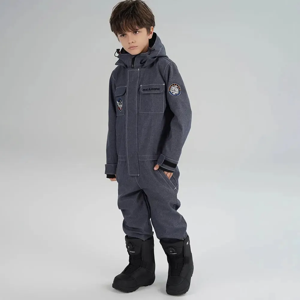 Kids' Demin One Piece Ski Jumpsuits Waterproof Hooded Snowsuits