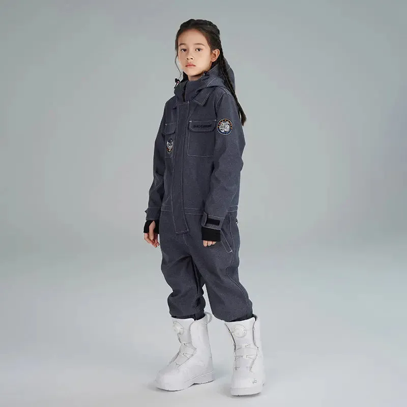 Kids' Demin One Piece Ski Jumpsuits Waterproof Hooded Snowsuits