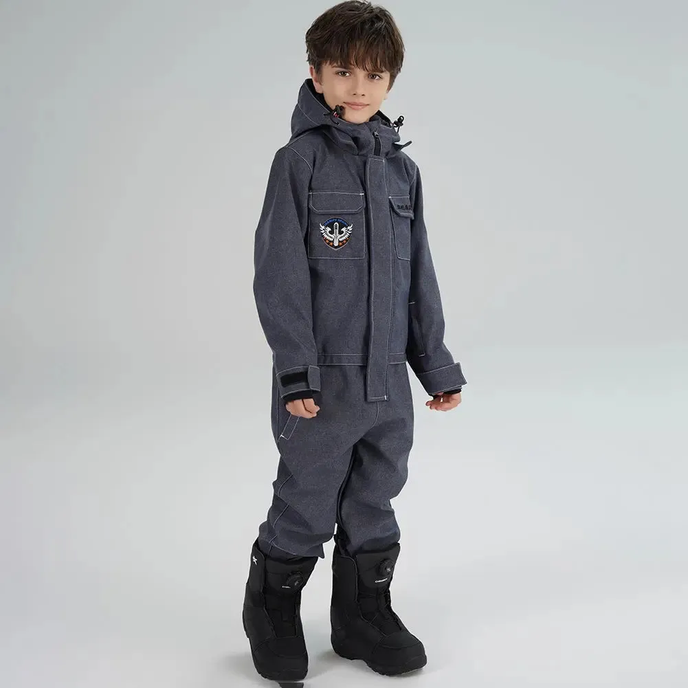 Kids' Demin One Piece Ski Jumpsuits Waterproof Hooded Snowsuits