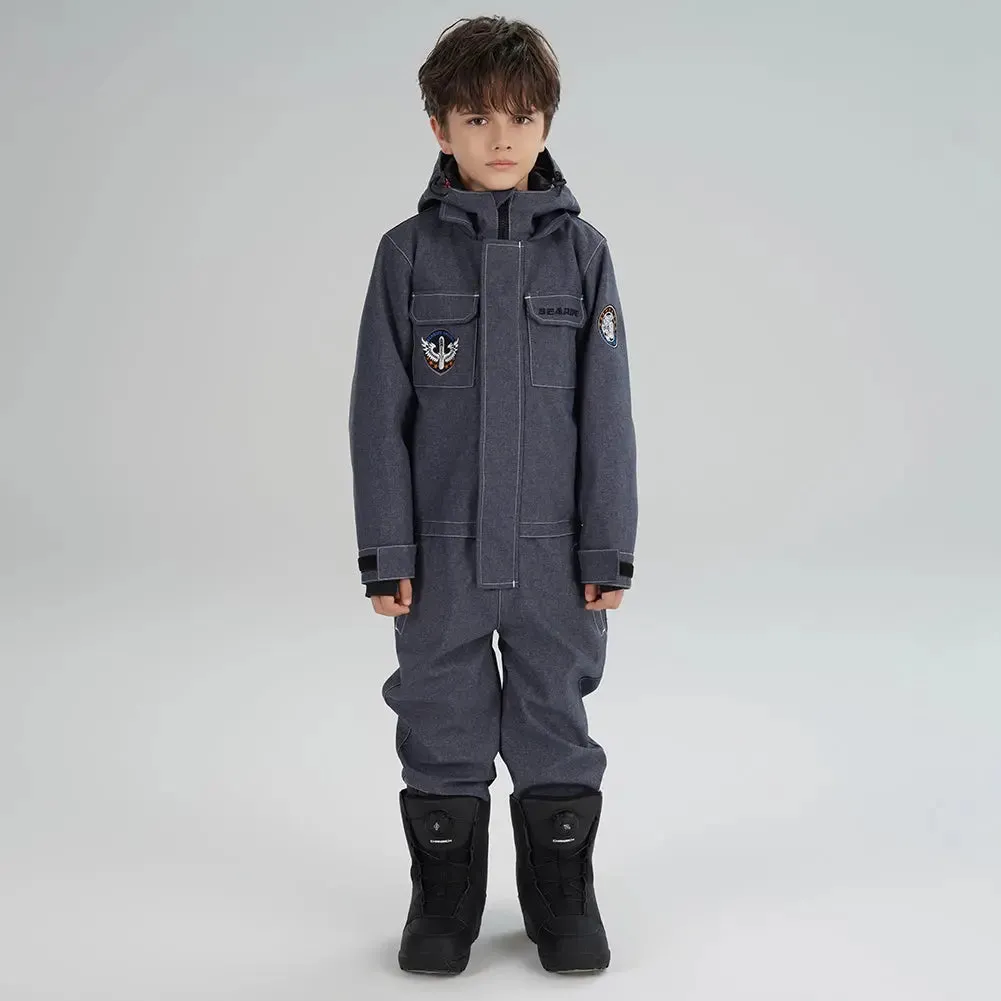 Kids' Demin One Piece Ski Jumpsuits Waterproof Hooded Snowsuits