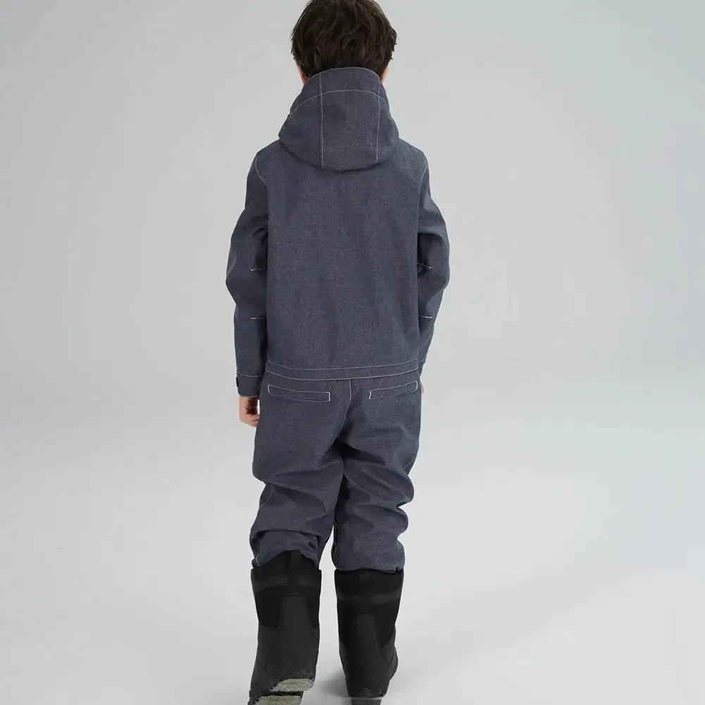 Kids' Demin One Piece Ski Jumpsuits Waterproof Hooded Snowsuits