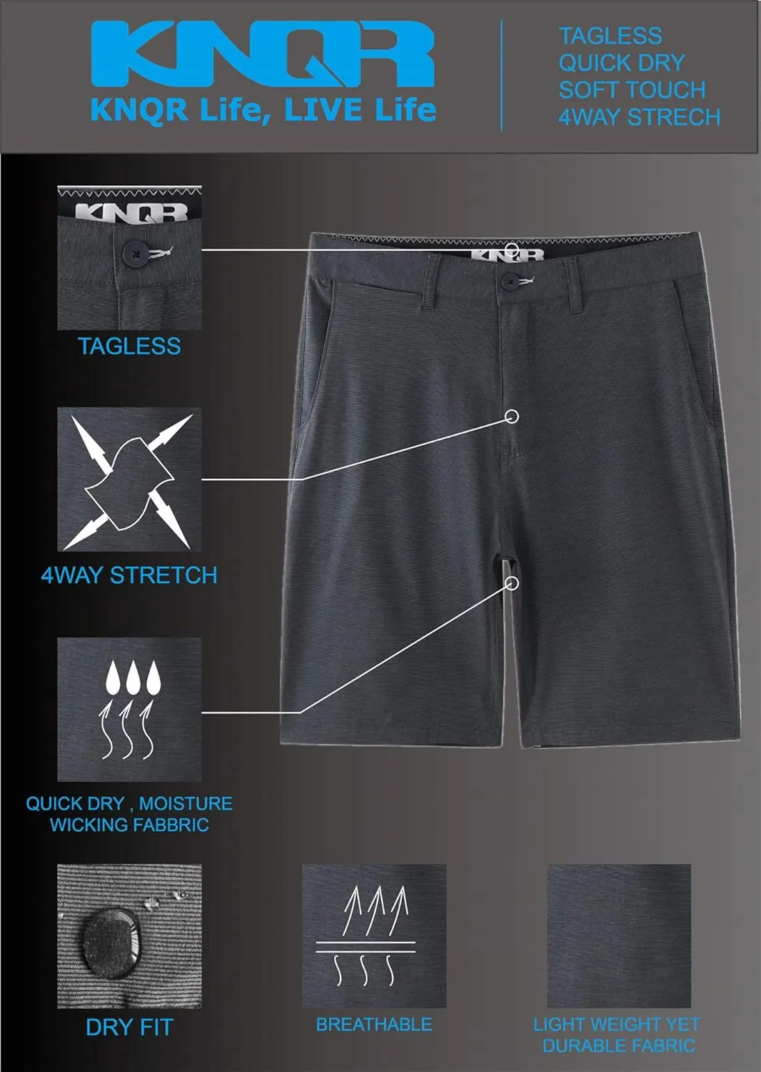 KNQR Mens Performance Quick Dry 4way Stretch Regular Fit All-Terrain Active Training Hybrid Shorts