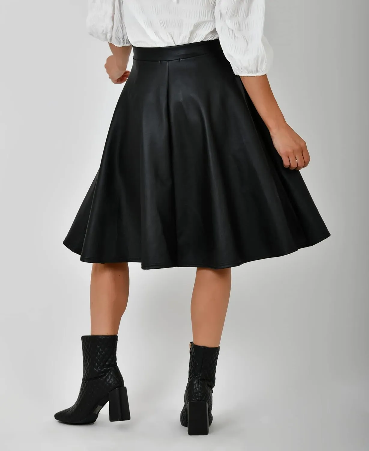 KRISP Women Ladies PVC Leather A Line Swing High Waist Pleated Flared Full Midi Skirt