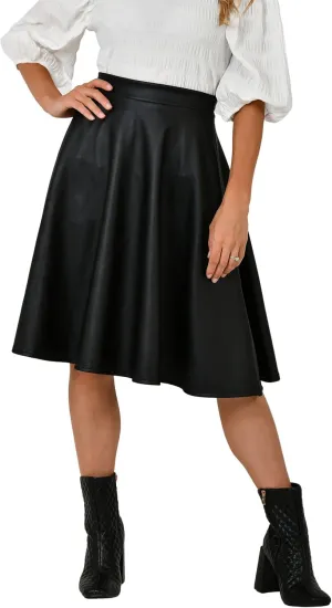 KRISP Women Ladies PVC Leather A Line Swing High Waist Pleated Flared Full Midi Skirt
