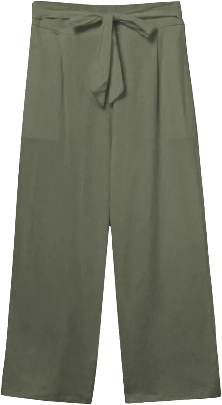 Kubbon Womens Capri Pants Cotton Linen Summer Straight Leg Pants Tie Knot High Waist Pant Cropped Trousers with Pockets