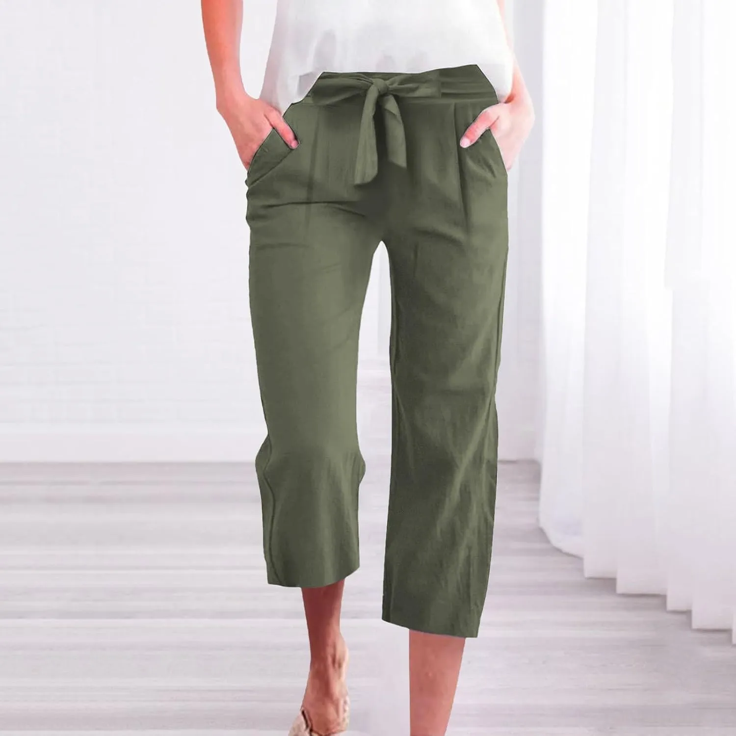 Kubbon Womens Capri Pants Cotton Linen Summer Straight Leg Pants Tie Knot High Waist Pant Cropped Trousers with Pockets