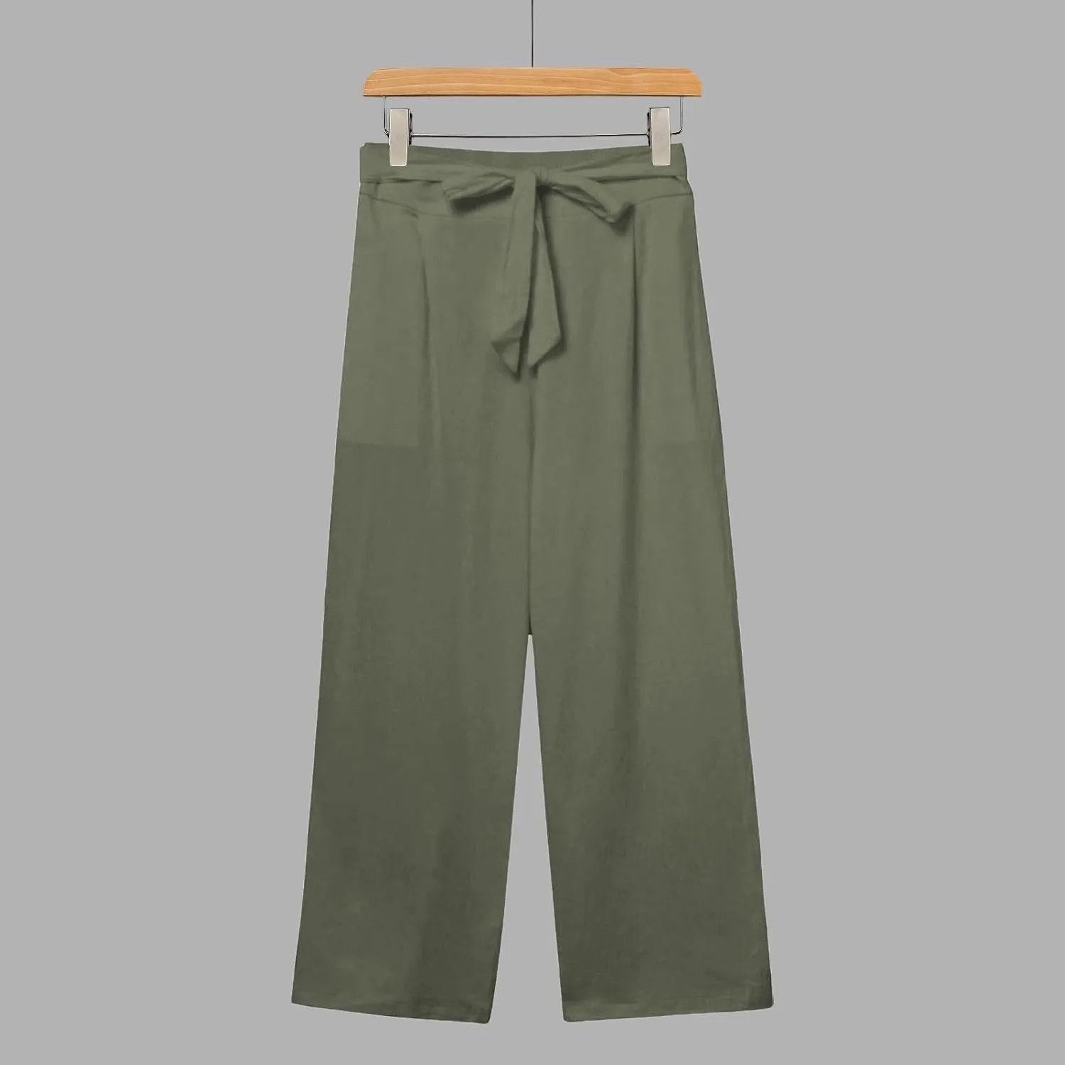 Kubbon Womens Capri Pants Cotton Linen Summer Straight Leg Pants Tie Knot High Waist Pant Cropped Trousers with Pockets
