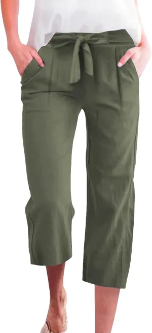 Kubbon Womens Capri Pants Cotton Linen Summer Straight Leg Pants Tie Knot High Waist Pant Cropped Trousers with Pockets