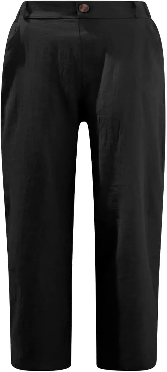 Linen Capri Pants for Women Casual Summer High Waist Wide Leg Cropped Lounge Pant Trousers Beach Vacation Outfits