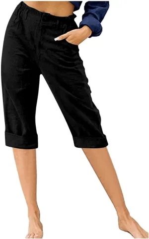 Linen Capri Pants for Women Casual Summer High Waist Wide Leg Cropped Lounge Pant Trousers Beach Vacation Outfits