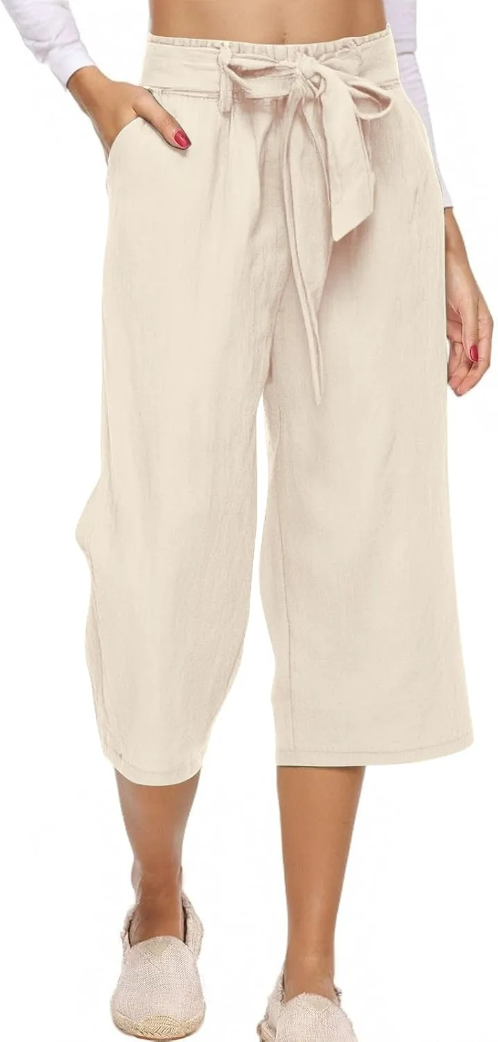 Linen Capri Pants for Women Casual Summer Loose Fit Wide Leg Pants Tie Belt Elastic Waist Cropped Trouser with Pockets