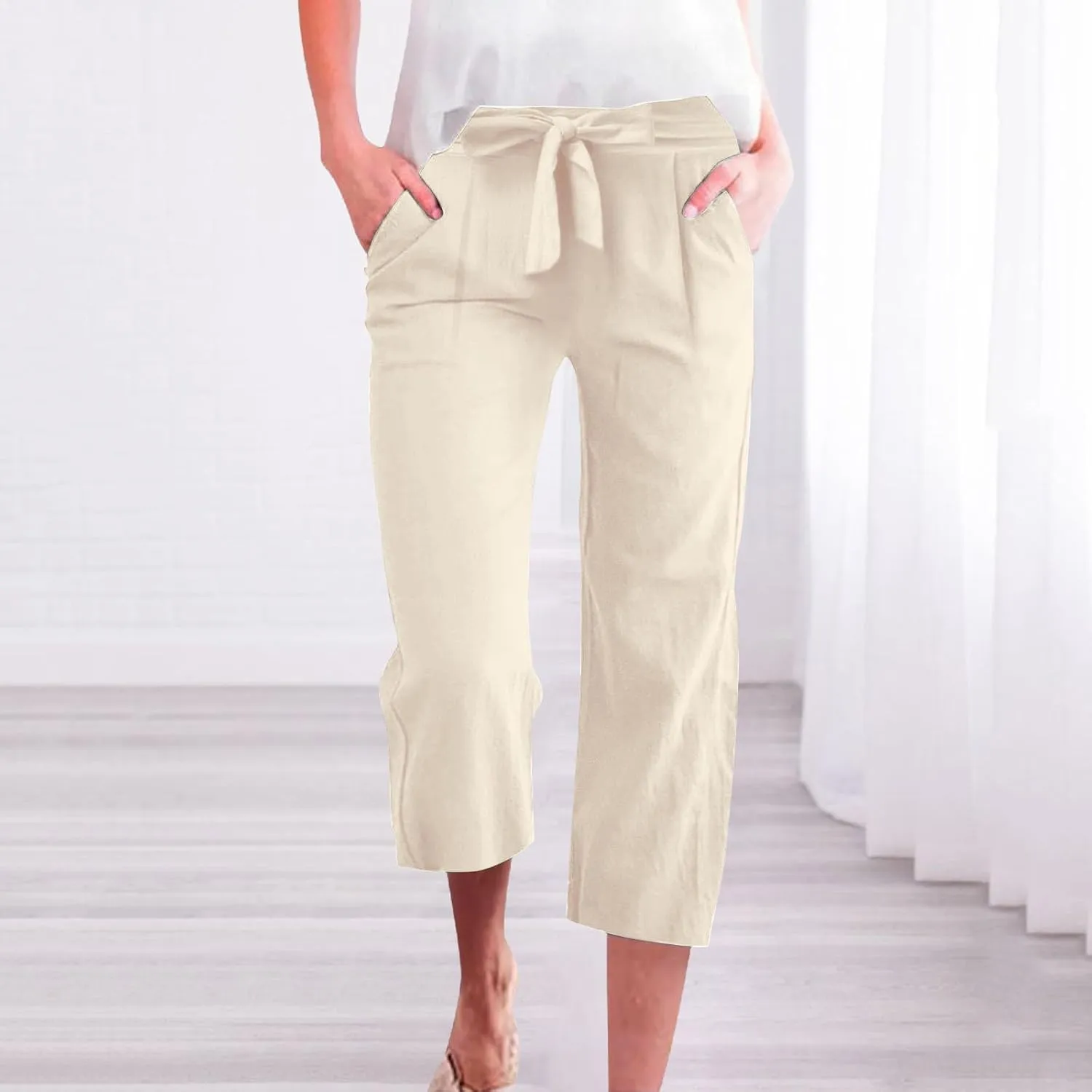 Linen Capri Pants for Women Casual Summer Loose Fit Wide Leg Pants Tie Belt Elastic Waist Cropped Trouser with Pockets
