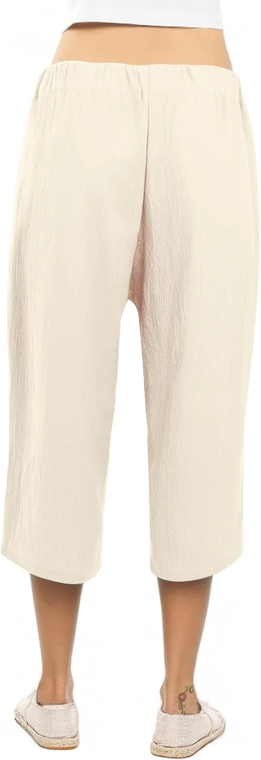 Linen Capri Pants for Women Casual Summer Loose Fit Wide Leg Pants Tie Belt Elastic Waist Cropped Trouser with Pockets