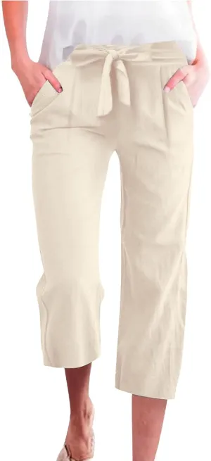 Linen Capri Pants for Women Casual Summer Loose Fit Wide Leg Pants Tie Belt Elastic Waist Cropped Trouser with Pockets