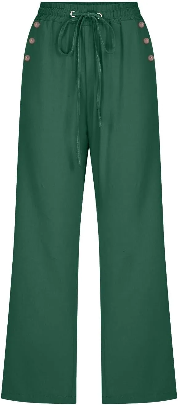Linen Capri Pants for Women Cotton Casual Summer Capris Drawstring High Waist Pants Wide Leg Cropped Trousers