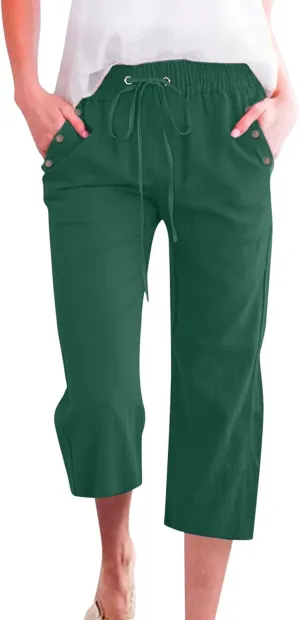 Linen Capri Pants for Women Cotton Casual Summer Capris Drawstring High Waist Pants Wide Leg Cropped Trousers